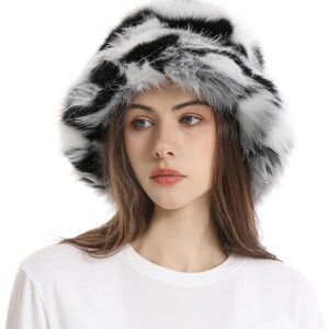 Women's Faux Fur Fuzzy Bucket Hat Furry Cap Plush black & white Bucket Hat